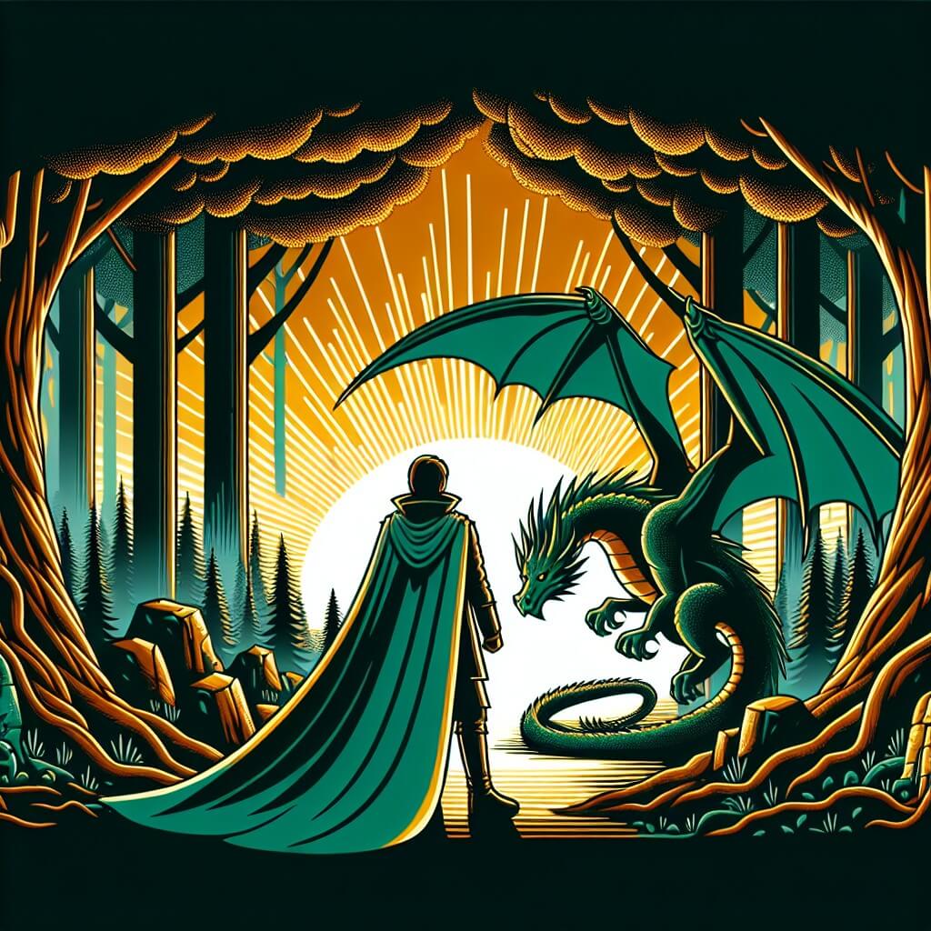 Une illustration destinée aux enfants représentant un homme courageux, vêtu d'une cape émeraude, se tenant face à un dragon majestueux, dans une forêt enchantée aux arbres gigantesques, illuminée par les rayons dorés du soleil couchant.
