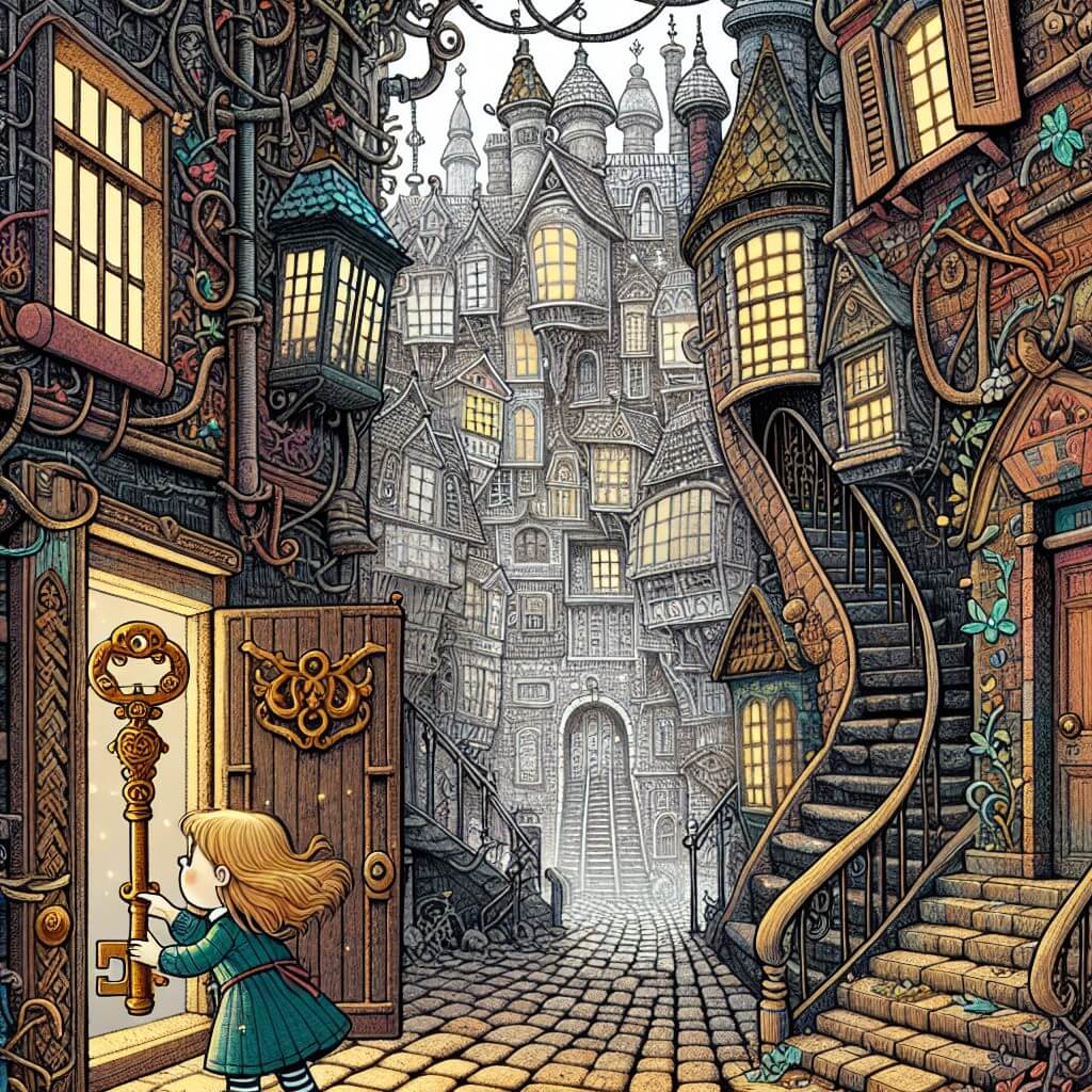 Une illustration destinée aux enfants représentant une petite fille curieuse et pleine d'imagination, découvrant une clé magique dans une ruelle étroite d'une ville enchevêtrée de maisons colorées et de ruelles pavées, menant à un vieux manoir abandonné dont la porte grinçante ouvre sur un hall sombre et poussiéreux.