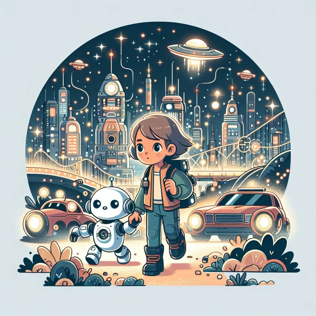 Une illustration destinée aux enfants représentant une jeune fille aventurière, accompagnée de son fidèle robot, explorant une ville futuriste étincelante de lumières et de voitures volantes.