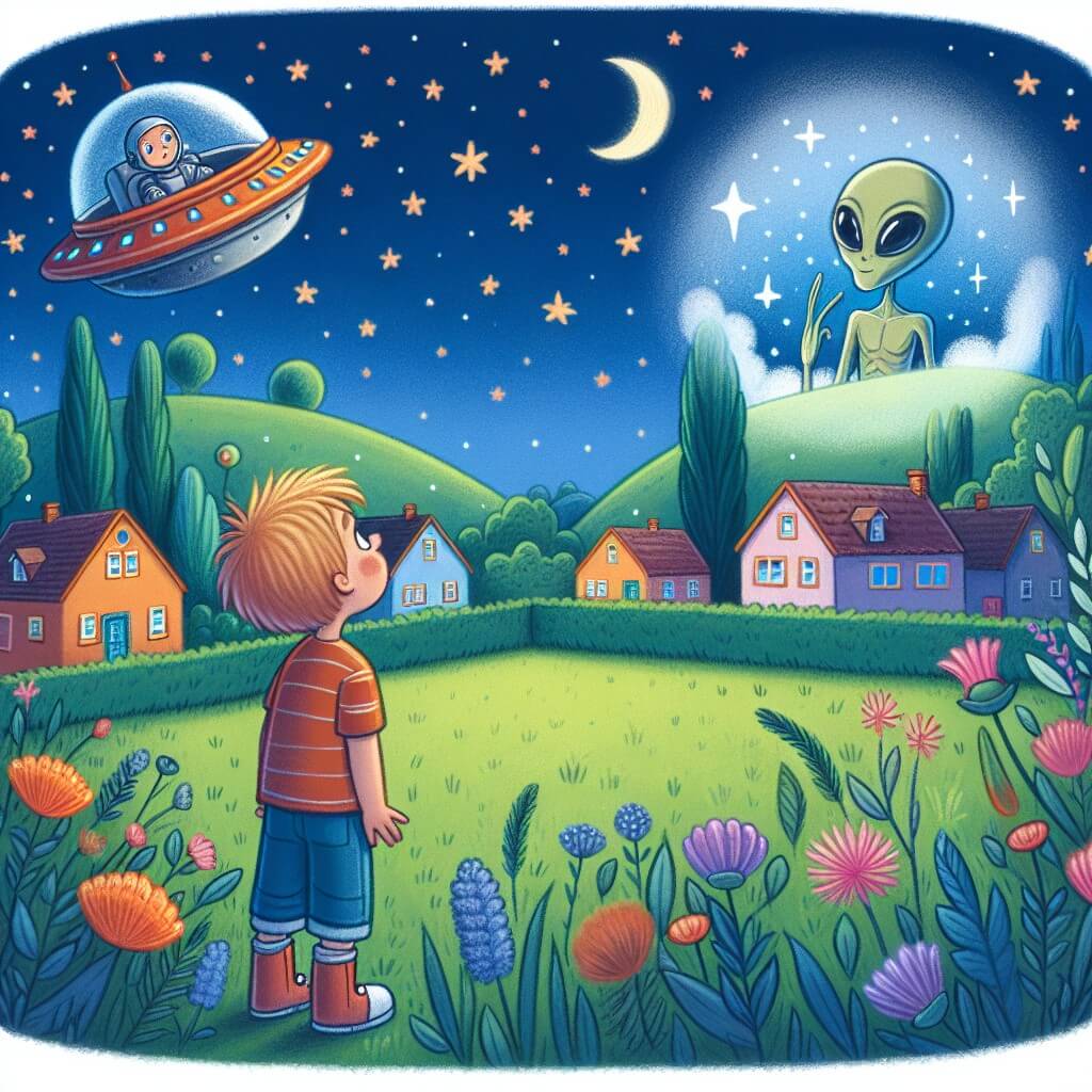 Une illustration destinée aux enfants représentant un jeune garçon rêveur, observant le ciel étoilé depuis son jardin, lorsqu'il est surpris par l'arrivée d'un vaisseau spatial et fait la rencontre d'un Martien fascinant, le tout se déroulant dans un petit village paisible entouré de collines verdoyantes et de maisons colorées.