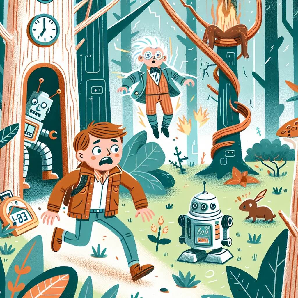 Une illustration destinée aux enfants représentant un jeune garçon passionné par les histoires de voyages dans le temps, se retrouvant accidentellement transporté dans une forêt mystérieuse où il fait la rencontre d'un petit robot, tandis que des arbres immenses et des créatures étranges l'entourent.