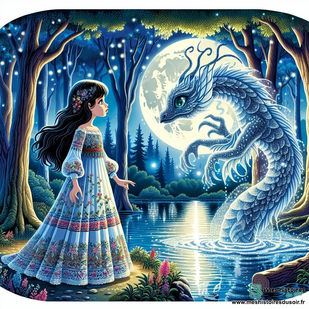 Une illustration sous forme de dessin destinée aux enfants représentant une forêt enchantée baignée par la lumière de la pleine lune, où une jeune femme aux cheveux noirs ébène et aux yeux bleus profonds, vêtue d'une robe légère ornée de motifs floraux, se tient au bord d'un lac scintillant, regardant avec émerveillement une créature aquatique éthérée aux écailles argentées et aux yeux verts émeraude qui émerge de l'eau, tandis qu'en arrière-plan, des silhouettes d'arbres majestueux se dressent, créant une atmosphère magique et mystérieuse, symbolisant la quête de la jeune femme pour rencontrer les dieux et découvrir les secrets de son monde.