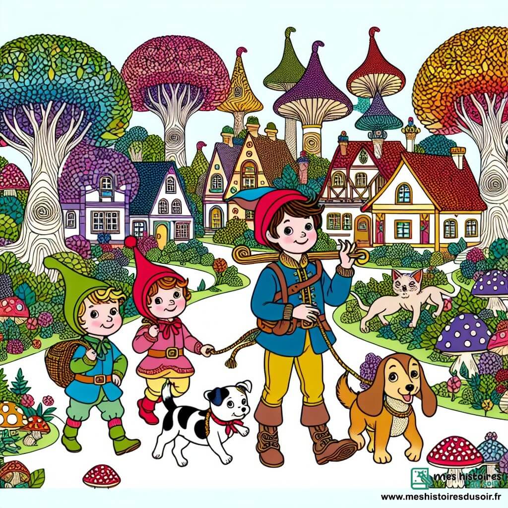 Une illustration destinée aux enfants représentant un petit garçon espiègle organisant une chasse au trésor délirante avec ses amis, accompagné d'un chien malicieux, dans le village coloré de Pomponville, entre les arbres enchantés et les maisons aux toits en forme de champignons.