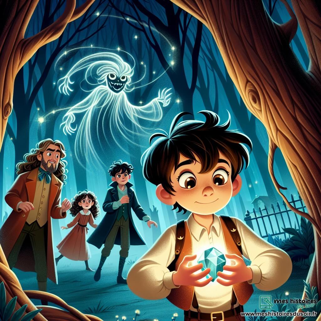Une illustration sous forme de dessin destinée aux enfants représentant une forêt sombre et mystérieuse, avec de grands arbres aux troncs noueux et des ombres dansantes, où un garçon de 9 ans aux cheveux ébouriffés et aux yeux pétillants, tenant une pierre brillante dans ses mains, regarde avec curiosité une silhouette inquiétante d'esprit de la forêt, à la fois menaçante et fascinante, tandis qu'en arrière-plan, deux amis, une fille aux cheveux longs et bouclés et un garçon au visage sérieux, observent la scène avec inquiétude, illustrant le moment où le garçon doit faire face aux conséquences de sa découverte.