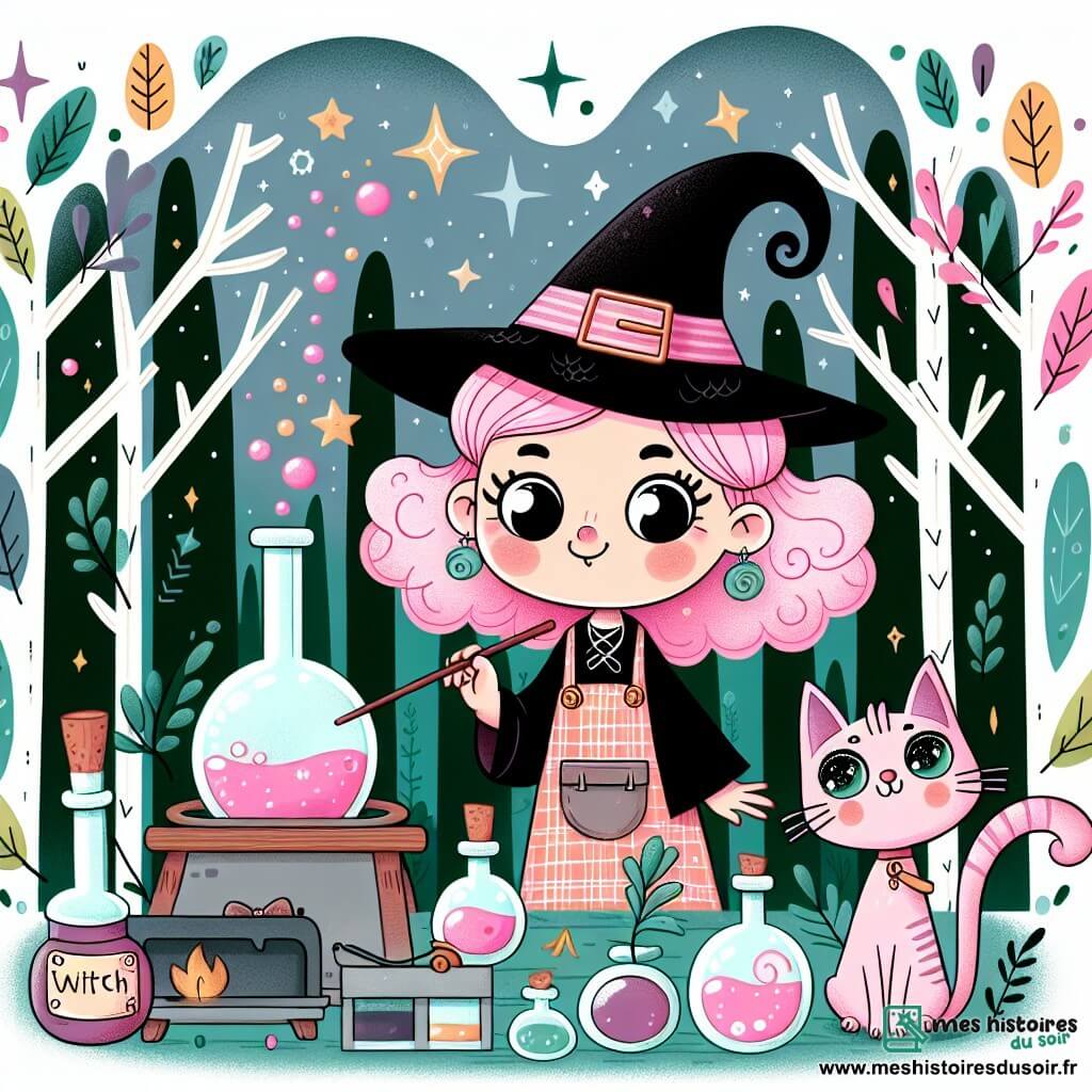 Une illustration destinée aux enfants représentant une sorcière farfelue aux cheveux roses concoctant des potions magiques dans une forêt enchantée, accompagnée d'un chat malicieux aux yeux pétillants.