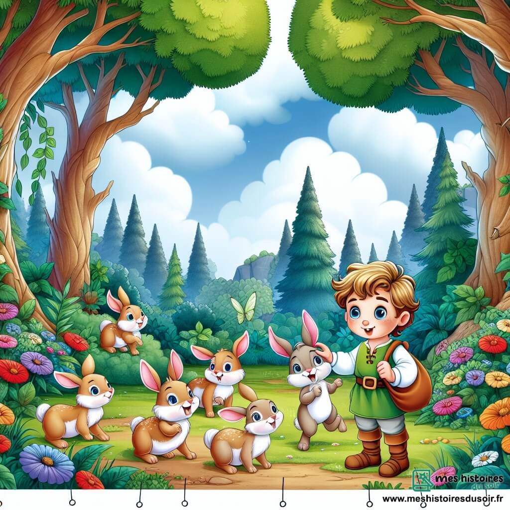 Une illustration destinée aux enfants représentant un petit garçon malicieux et courageux, une famille de lapins affamés, dans une clairière enchantée, entourée de grands arbres majestueux et de fleurs multicolores.