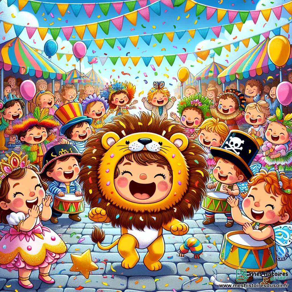 Illustration d'un carnaval coloré dans un petit village, avec des stands décorés de guirlandes multicolores sous un ciel bleu. Au centre, un garçon de 1 an, cheveux bruns en bataille et joues rondes, déguisé en lion avec une crinière dorée, saute de joie et rugit. Autour de lui, des enfants, dont une fille de 3 ans en papillon avec des ailes scintillantes et une robe rose, dansent et rient. Un garçon de 4 ans, déguisé en pirate, applaudit en chantant. La scène dépeint l'effervescence du carnaval, avec des confettis, des tambours et des enfants dansant, créant une atmosphère de joie. Des étoiles dorées dans les mains des enfants symbolisent les récompenses du concours de costumes.