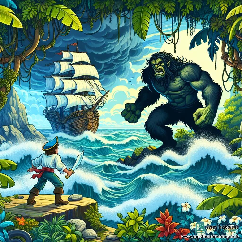 Une illustration destinée aux enfants représentant un courageux marin, faisant face à un redoutable adversaire, dans une jungle luxuriante peuplée de mystères, sur une île lointaine des mers tumultueuses.
