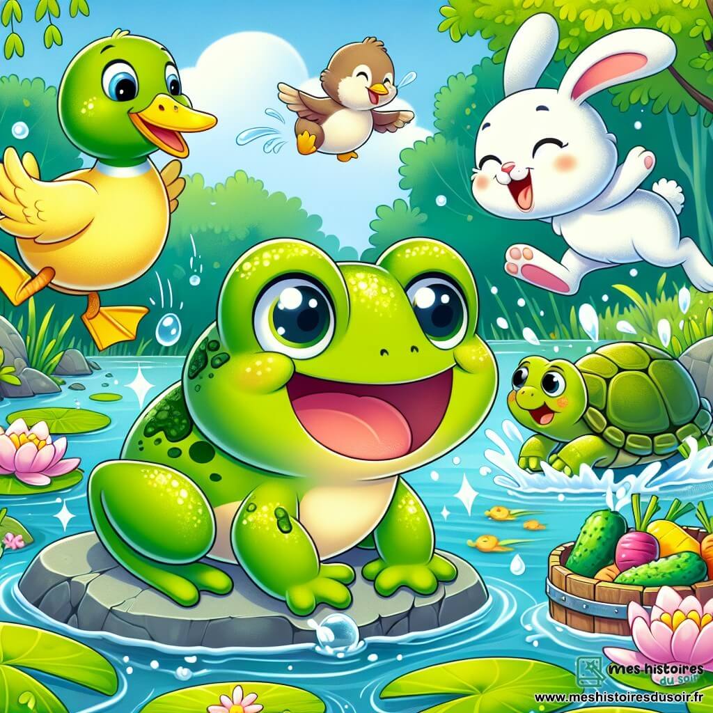 Une illustration sous forme de dessin destinée aux enfants représentant un marais verdoyant avec des nénuphars flottants et une étendue d'eau scintillante, où une grenouille verte aux grands yeux brillants et au sourire éclatant saute joyeusement sur une pierre, entourée de son ami le canard au plumage jaune et aux plumes éclaboussées, ainsi que d'une tortue au carapace marron qui mange une feuille, tandis qu'un lapin aux grandes oreilles et au pelage blanc s'élance dans les airs, tous ensemble en train de célébrer la découverte d'un coffre rempli de légumes colorés, symbolisant leur amitié et leur esprit d'aventure.