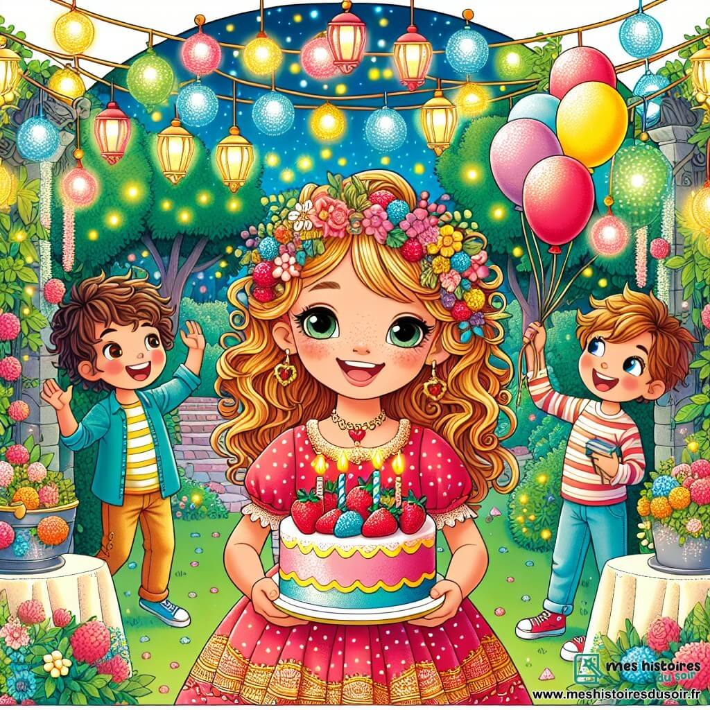 Une illustration sous forme de dessin destinée aux enfants représentant un jardin enchanté décoré de guirlandes colorées et de lanternes scintillantes, où une fille de 12 ans aux cheveux bouclés et au sourire éclatant, vêtue d'une robe joyeuse, se tient au centre, entourée de ses amis : un garçon jovial aux cheveux bruns qui rit en tenant un gâteau aux fraises, et une fille pétillante aux cheveux blonds qui accroche des ballons, tous célébrant ensemble une fête d'anniversaire surprise pleine de rires et de magie.