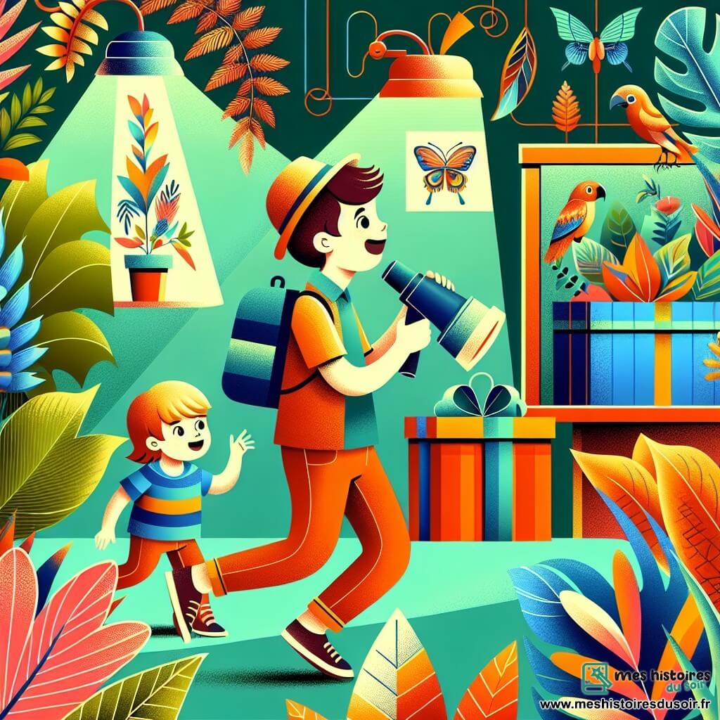 Une illustration destinée aux enfants représentant un petit garçon plein d'énergie et d'imagination, confronté à la recherche du cadeau parfait pour la fête des pères, accompagné de sa petite sœur curieuse, dans une jardinerie colorée et pleine de plantes exotiques.