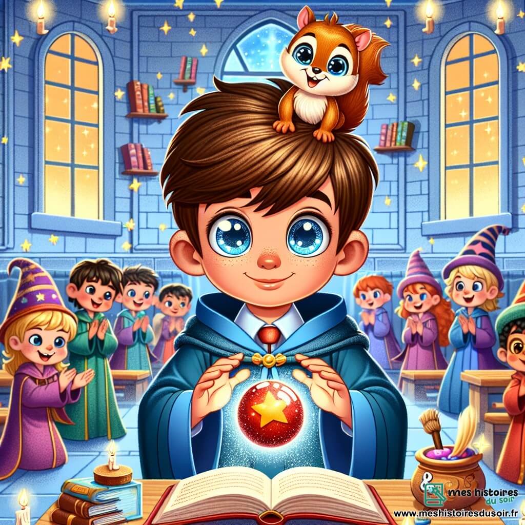 Une illustration sous forme de dessin destinée aux enfants représentant une salle de classe magique à l'École des Étoiles, avec des murs ornés de livres flottants et de potions colorées, où un jeune garçon aux cheveux bruns et aux yeux pétillants, vêtu d'une robe de sorcier bleue, s'applique à faire léviter une petite balle rouge avec concentration, tandis qu'un petit écureuil aux yeux brillants, perché sur son épaule, l'encourage joyeusement, et en arrière-plan, des camarades de classe aux robes colorées applaudissent, créant une atmosphère d'excitation et de camaraderie dans cette aventure de sorcellerie.
