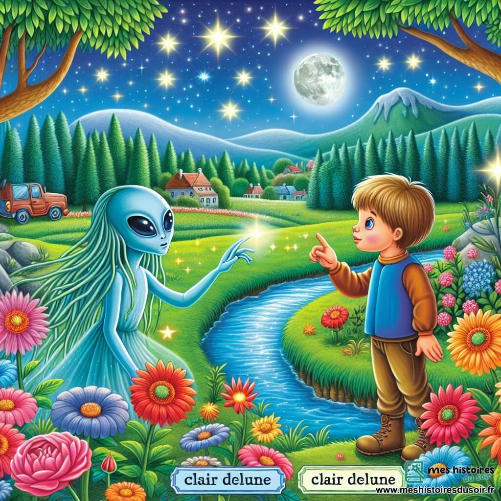 Une illustration destinée aux enfants représentant un garçon fasciné par les étoiles qui fait la rencontre d'une exploratrice extraterrestre dans une forêt bordée de fleurs aux couleurs chatoyantes, de champs verdoyants et de rivières scintillantes, dans la petite ville tranquille de Clairdelune.
