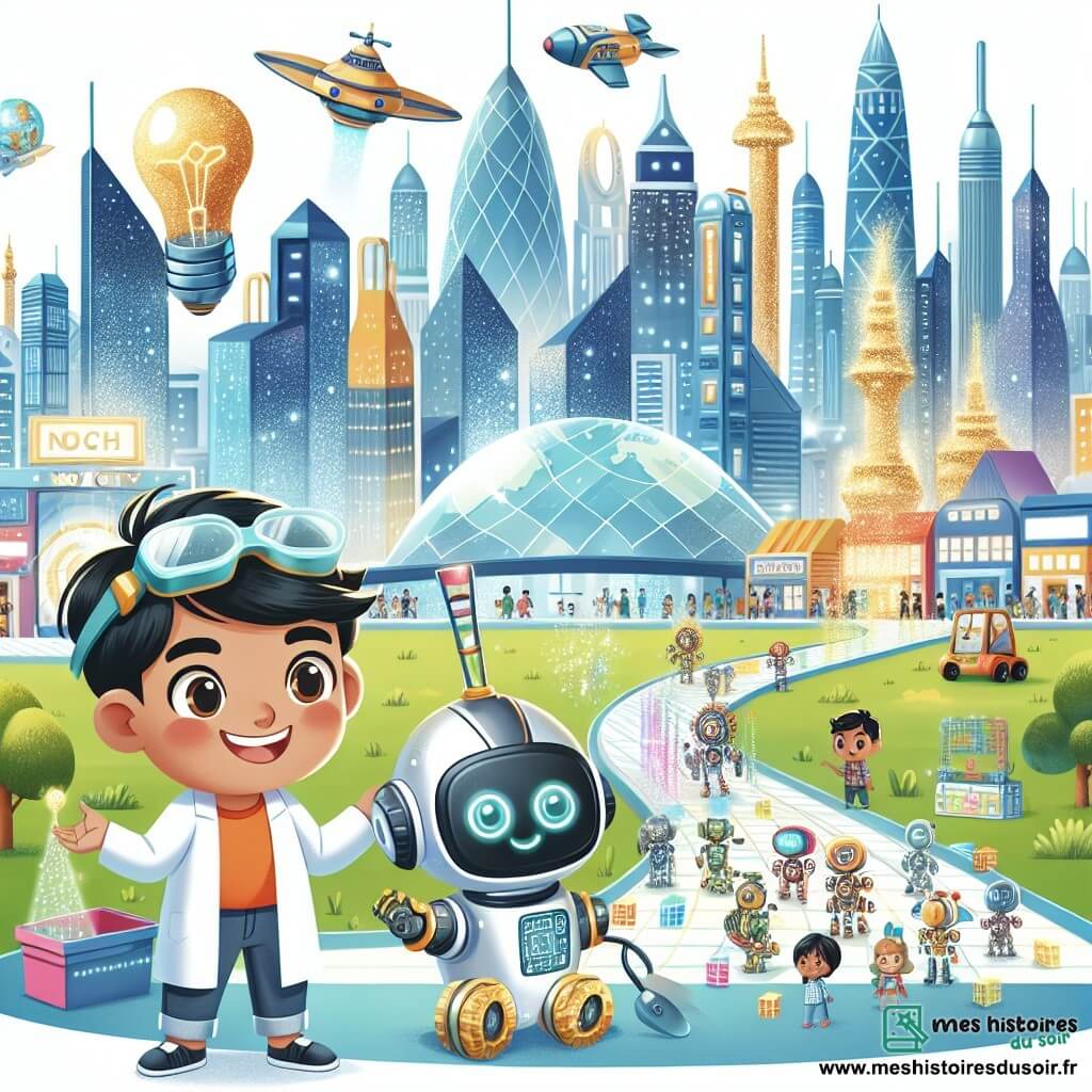 Une illustration destinée aux enfants représentant un garçon curieux et ingénieux, participant à un concours de sciences pour créer un robot nettoyeur, accompagné de son fidèle robot Éco-Net, dans la ville futuriste étincelante de Cité Nova, avec ses bâtiments scintillants et ses véhicules volants.