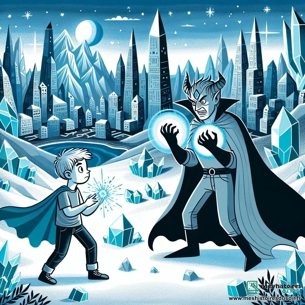 Une illustration destinée aux enfants représentant un garçon aux pouvoirs magiques affrontant un sorcier maléfique dans une ville tentaculaire de gratte-ciels cristallins.