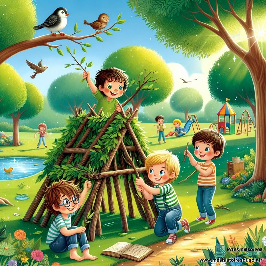 Illustration d'un parc verdoyant avec de grands arbres aux feuilles éclatantes, une aire de jeux colorée et un petit étang scintillant. Au centre, quatre garçons d'environ 10 ans construisent une cabane avec des branches et des feuilles. L'un est accroupi avec une branche, un autre, aux cheveux bruns et bouclés, lève les bras en encouragement. Un troisième fixe une feuille sur la cabane, tandis que le plus jeune, blond, court en riant avec un vieux carnet. En arrière-plan, des oiseaux volent dans le ciel bleu et des fleurs colorées bordent le chemin, ajoutant de la magie à cette scène d'amitié et de créativité.