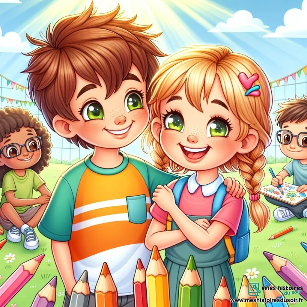 Une illustration sous forme de dessin destinée aux enfants représentant une cour d'école ensoleillée, où un garçon de 12 ans aux cheveux châtains en bataille et aux yeux pétillants, vêtu d'un t-shirt coloré, encourage une nouvelle élève, une fille blonde aux tresses et aux yeux brillants, qui tient des crayons de couleur et dessine avec passion, tandis que d'autres enfants, dont un garçon grand et sportif aux cheveux bruns et une fille avec des lunettes et un sourire éclatant, les regardent avec curiosité, illustrant ainsi un moment de tolérance et d'acceptation dans leur amitié naissante.