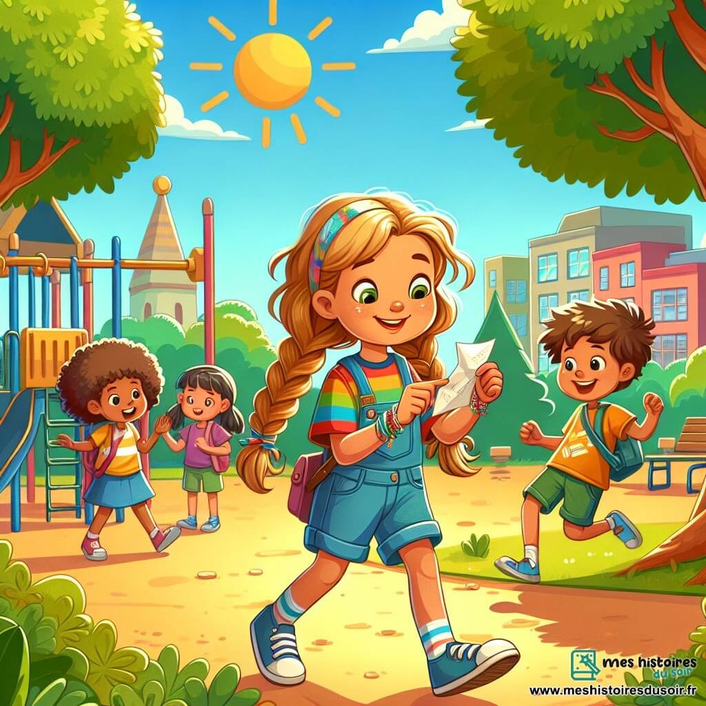 Une illustration sous forme de dessin destinée aux enfants représentant une cour d'école ensoleillée, avec une fille de 12 ans aux longs cheveux châtains tressés, portant un t-shirt coloré et un short, qui examine attentivement une note froissée qu'elle tient dans ses mains, tandis qu'à ses côtés, un garçon énergique aux cheveux en bataille et une fille souriante aux cheveux bouclés l'observent avec curiosité, tous trois plongés dans une enquête pour retrouver une boussole disparue, entourés de jeux d'enfants et de grands arbres verdoyants.