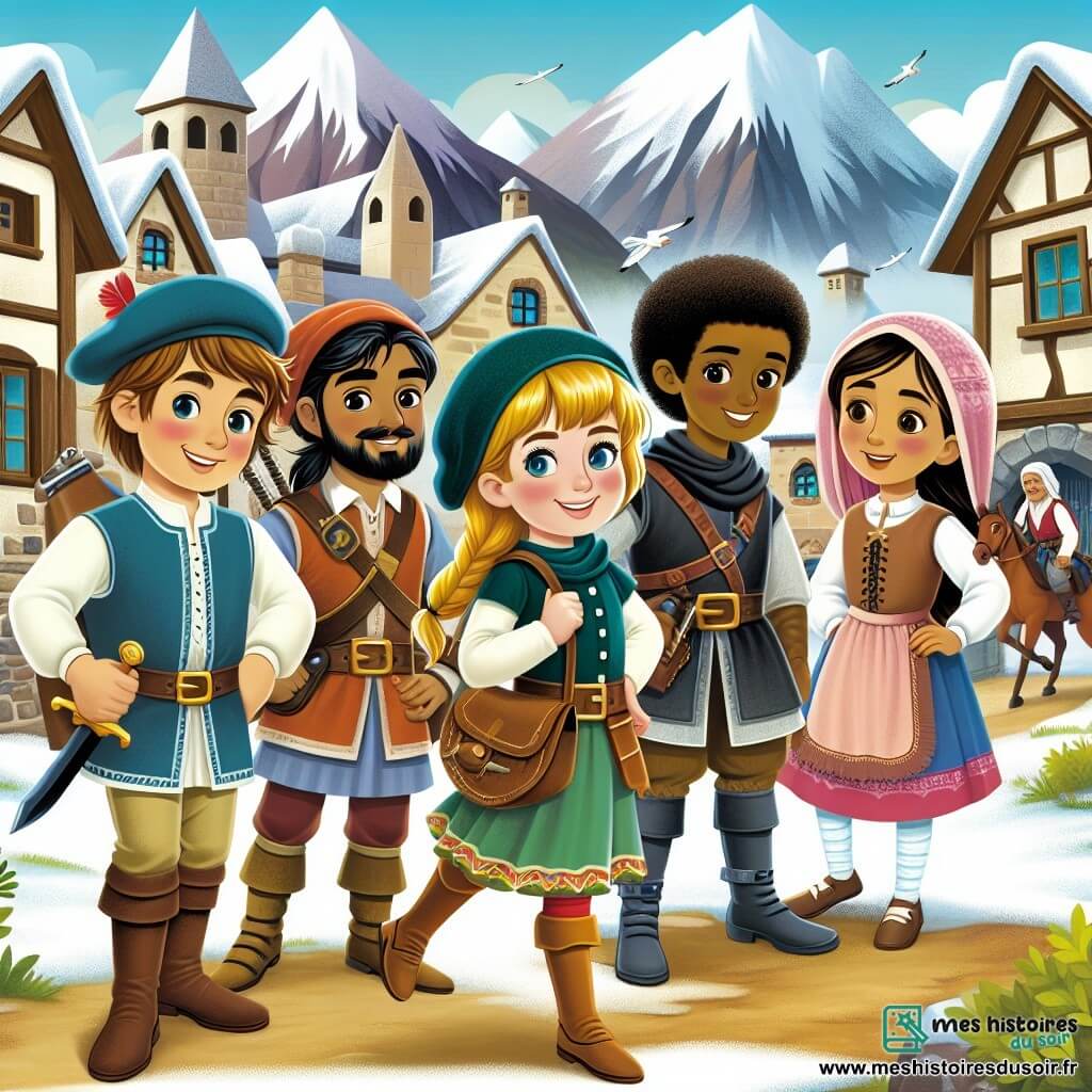Une illustration destinée aux enfants représentant un jeune garçon courageux, accompagné de ses amis, une fille intrépide et futée, un garçon rusé et agile, et une autre fille douée pour résoudre les énigmes, dans un petit village pittoresque au pied d'une montagne enneigée.