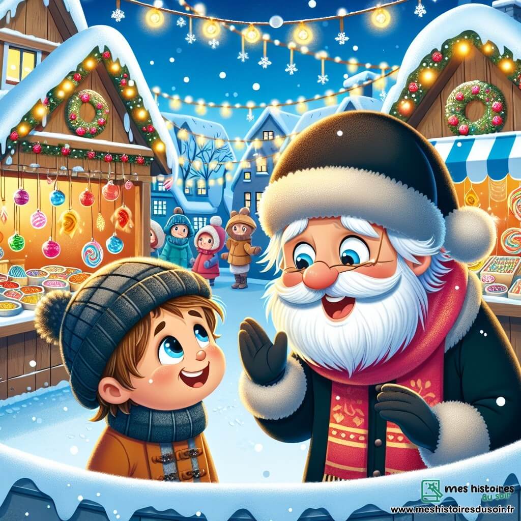 Une illustration sous forme de dessin destinée aux enfants représentant un charmant marché de Noël dans un village enneigé, avec un garçon de 7 ans aux cheveux bruns en bataille et aux grands yeux bleus, souriant et émerveillé alors qu'il écoute un marchand jovial, un homme âgé avec une barbe blanche et un chapeau en feutre, qui lui raconte des histoires magiques sur le Père Noël, entouré de stands colorés décorés de guirlandes lumineuses, de flocons de neige tombant doucement et d'enfants jouant dans la neige, créant une atmosphère joyeuse et festive.