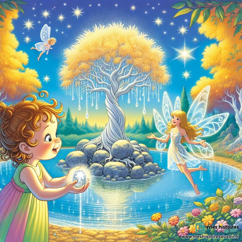 Illustration d'une forêt enchantée avec des arbres aux feuilles dorées scintillant sous un ciel bleu clair. Un grand lac bleu au centre reflète la lumière du soleil, et un îlot avec un arbre argenté pleure des larmes de rosée. Une petite fille d'un an, aux grands yeux curieux et cheveux bouclés, se tient devant l'arbre, portant une robe colorée et souriant avec émerveillement, tenant une pierre brillante. À ses côtés, une petite fée d'environ 5 ans, avec des ailes translucides et des cheveux longs, vole joyeusement autour d'elle, dans une robe de pétales de fleurs, encourageant la fillette à aider l'arbre. La fillette pose la pierre brillante sur l'arbre argenté, tandis que les larmes de rosée se transforment en éclats de lumière, entourées de fleurs colorées qui ajoutent une touche de magie à cette scène féerique.