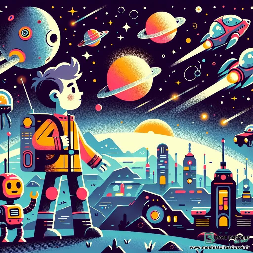 Une illustration destinée aux enfants représentant un homme intrépide et curieux explorant les confins de l'espace, accompagné d'un robot fidèle, sur une planète lointaine et colorée, avec des bâtiments futuristes flottant dans les airs et des voitures volantes illuminant le ciel étoilé.