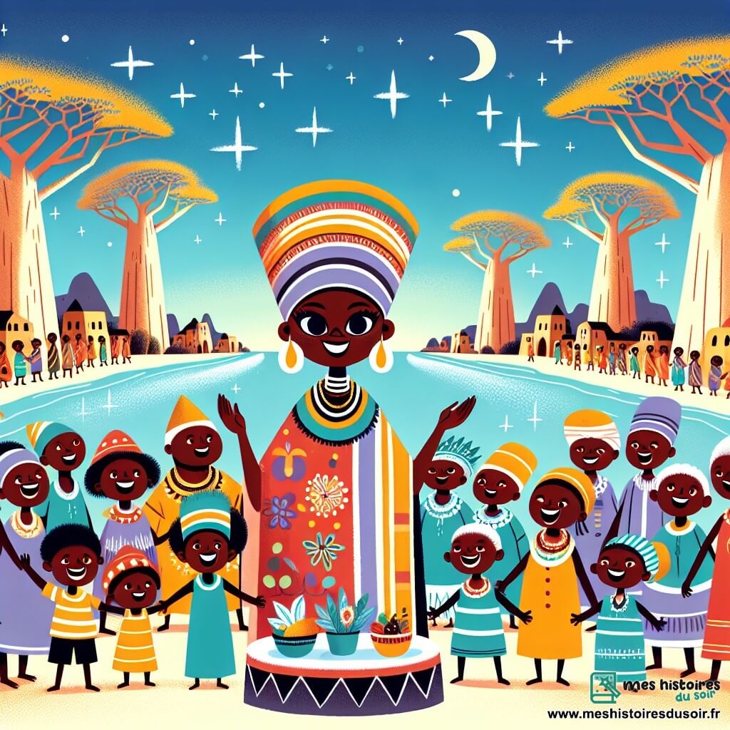 Une illustration sous forme de dessin destinée aux enfants représentant un village africain vibrant de couleurs, avec de majestueux baobabs et une rivière scintillante au centre, où une femme sage aux yeux brillants et au sourire chaleureux, vêtue d'un pagne coloré, se tient au milieu d'une cérémonie entourée de villageois joyeux, dont des enfants aux rires éclatants et des anciens au visage marqué par le temps, tous unis pour célébrer la restauration de l'harmonie entre leur communauté et la nature, avec des offrandes de fruits et de fleurs disposées autour d'un feu sacré.