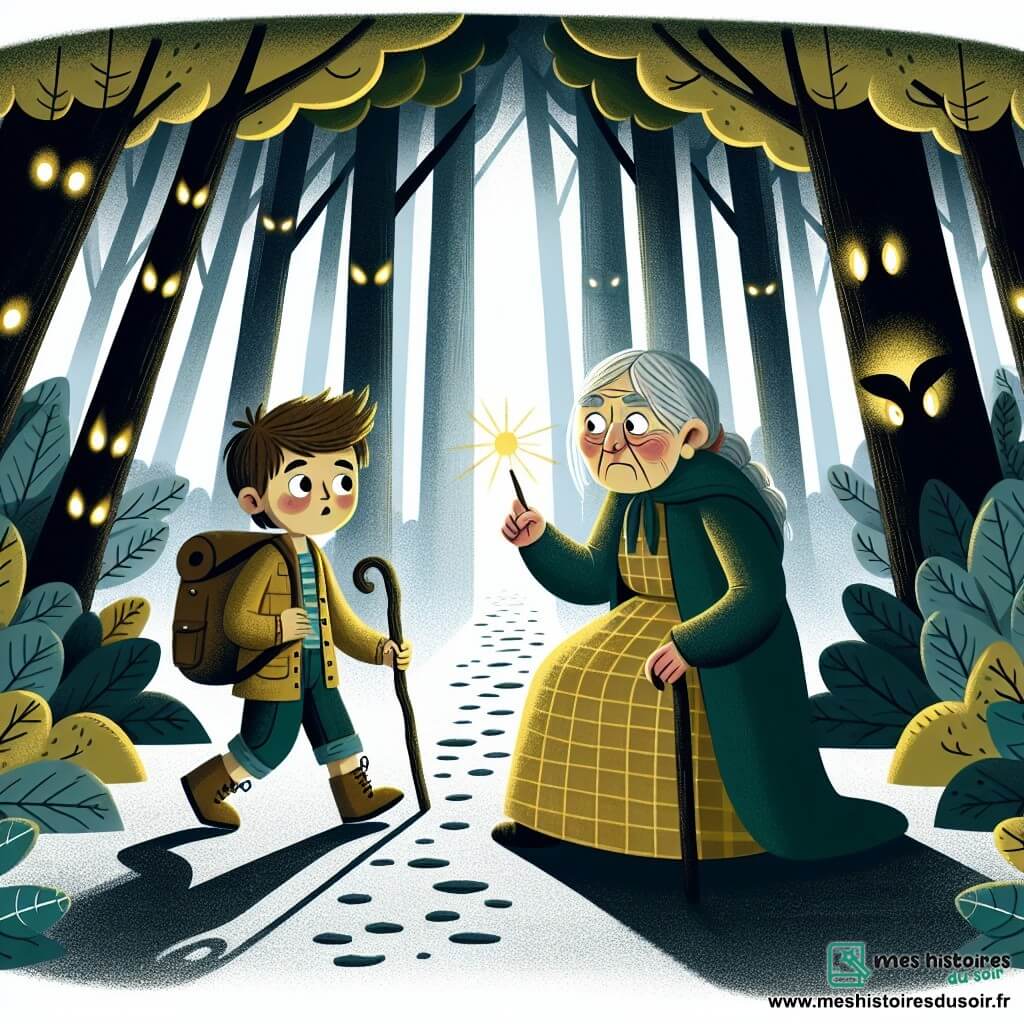 Une illustration destinée aux enfants représentant un petit garçon courageux, une grand-mère malade, et une forêt mystérieuse aux arbres touffus et aux yeux brillants observant.