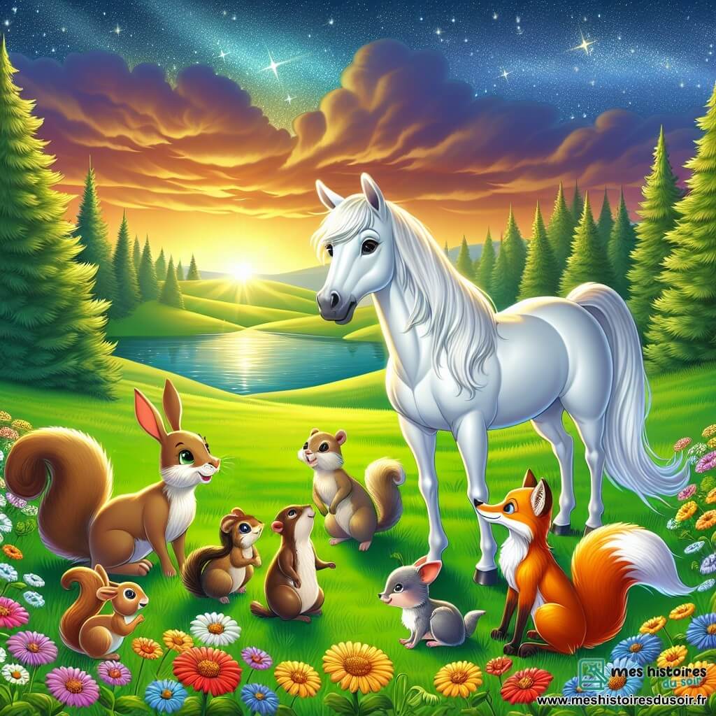 Illustration d'une prairie verdoyante sous la lumière dorée du soleil couchant, avec des fleurs colorées dansant au vent. Au centre, un cheval majestueux au pelage blanc éclatant et à la crinière brillante se tient fièrement, écoutant attentivement un petit lapin brun, un écureuil aux yeux pétillants et un renard roux, qui discutent de leurs abris. En arrière-plan, des arbres majestueux bordent la prairie et une rivière scintillante reflète les étoiles, ajoutant une touche de magie à cette scène d'amitié et de collaboration.