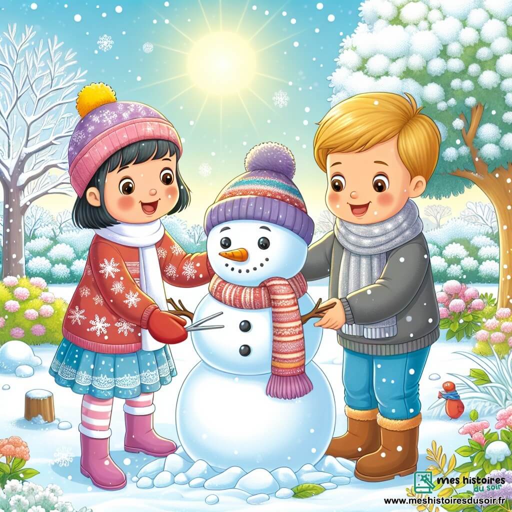Une illustration destinée aux enfants représentant un petit garçon tout excité par la neige, construisant un bonhomme de neige avec l'aide d'une petite fille, dans un jardin recouvert d'un manteau blanc étincelant sous le soleil hivernal.