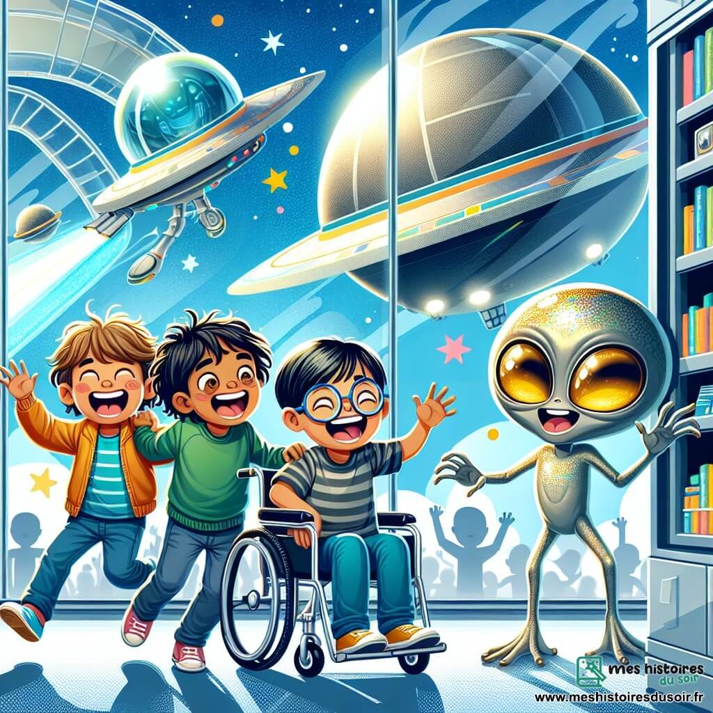 Une illustration sous forme de dessin destinée aux enfants représentant une base d'exploration spatiale futuriste, avec des murs en verre et des gadgets colorés, où un groupe de trois enfants de 9 ans, deux garçons aux cheveux ébouriffés et un garçon en fauteuil roulant, rit joyeusement en jouant à cache-cache avec trois extraterrestres aux yeux dorés et à la peau chatoyante, sous un ciel bleu éclatant, tandis qu'un vaisseau spatial argenté brille en arrière-plan, symbolisant leur amitié intergalactique.