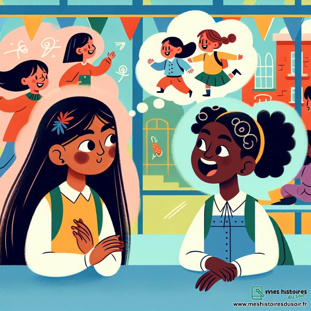 Une illustration destinée aux enfants représentant une fille aux longs cheveux noirs vivant une situation de racisme à l'école, accompagnée d'une amie fille aux cheveux bouclés et yeux rieurs, dans une école colorée avec des enfants de différentes origines et cultures se mélangeant joyeusement.