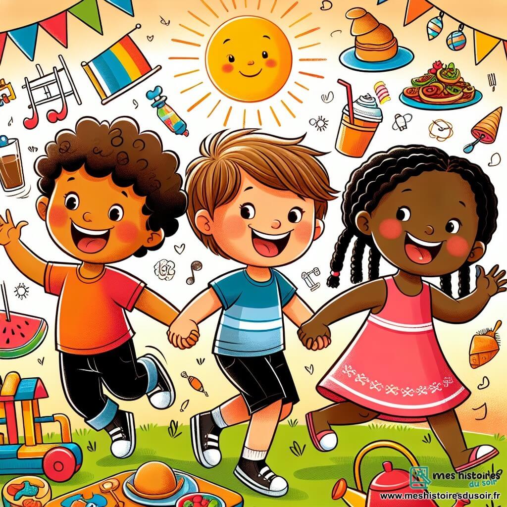 Une illustration sous forme de dessin destinée aux enfants représentant une cour de récréation ensoleillée, où un groupe d'enfants de 7 ans, comprenant un garçon aux cheveux bruns en bataille et à la peau claire, un garçon à la peau dorée et des cheveux noirs bouclés, et une fille avec des tresses et une peau foncée, se tiennent la main en riant, entourés de dessins colorés représentant des plats et des jeux du monde entier, célébrant la diversité et l'amitié dans une ambiance joyeuse et festive.