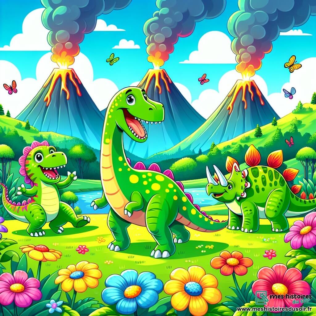 Une illustration sous forme de dessin destinée aux enfants représentant une vallée verdoyante remplie de volcans fumants, avec un immense diplodocus au long cou vert éclatant et aux taches jaunes, se tenant joyeusement au centre, tandis qu'il joue avec ses amis : une tricératops courageuse aux cornes pointues et un stégosaure calme aux plaques dorsales colorées, tous trois riant ensemble sous un ciel bleu ensoleillé, entourés de fleurs géantes et de papillons multicolores, capturant l'esprit d'aventure et d'amitié de leur exploration.