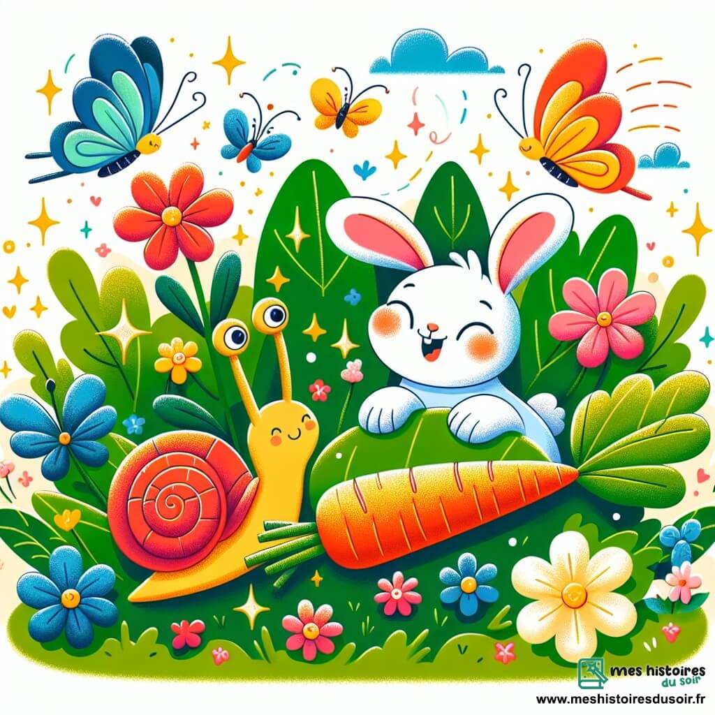 Une illustration sous forme de dessin destinée aux enfants représentant un jardin enchanté, rempli de fleurs colorées et de papillons virevoltants, où un petit escargot aux couleurs vives, avec une coquille en spirale rouge et jaune, glisse lentement sur une feuille verte, tandis qu'un lapin aux grandes oreilles et à la fourrure blanche, joyeux et curieux, saute autour de lui, célébrant la découverte d'une carotte dorée scintillante posée sur l'herbe, symbolisant leur amitié et leur esprit d'entraide.