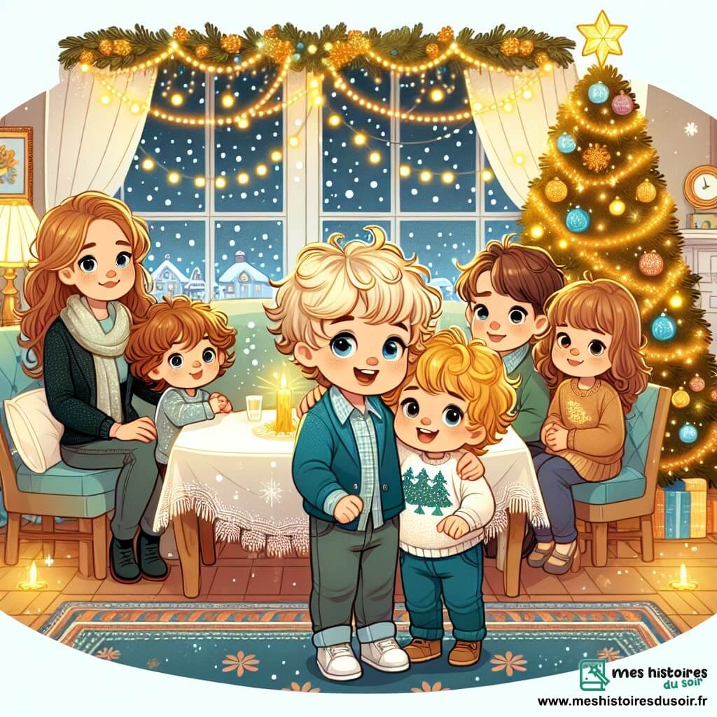 Une illustration destinée aux enfants représentant un petit garçon blond aux yeux bleus, vivant une grande fête du nouvel an entouré de sa famille, avec un cousin brun aux cheveux bouclés, dans une maison décorée de guirlandes lumineuses et d'un sapin scintillant dans un coin du salon.