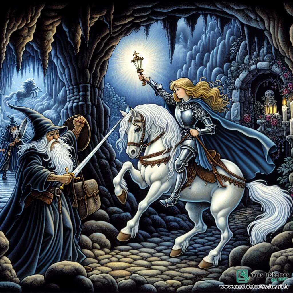 Une illustration destinée aux enfants représentant une chevaleresse intrépide se battant contre un sorcier maléfique dans une grotte sombre et mystérieuse, accompagnée de son fidèle cheval blanc, au cœur d'un royaume lointain.
