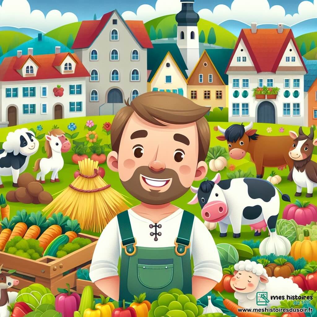 Une illustration destinée aux enfants représentant un homme souriant, entouré d'animaux de la ferme, dans un champ coloré, plein de légumes et de fruits, au cœur d'un village pittoresque.