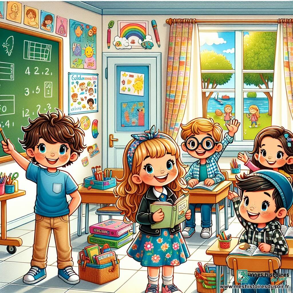 Illustration destinée aux enfants représentant une salle de classe lumineuse et colorée, avec des murs ornés de dessins d'enfants et des fenêtres laissant entrer la lumière du soleil. Au centre, un groupe de quatre enfants de 11 ans : un garçon aux cheveux bruns en bataille, portant un t-shirt bleu et un pantalon beige, souriant et tenant un livre ouvert ; une fille aux cheveux longs et blonds, vêtue d'une robe à fleurs, qui l'écoute attentivement ; un garçon aux lunettes rondes, avec une chemise à carreaux, prenant des notes avec enthousiasme ; et une fille aux cheveux frisés, habillée d'un sweat à capuche, qui lève la main pour poser une question. Ils sont entourés de fournitures scolaires colorées, de tableaux et d'affiches éducatives, illustrant l'excitation et l'anticipation de la rentrée des classes.