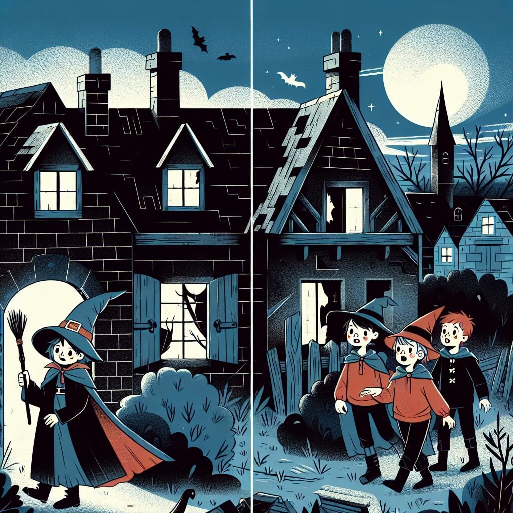 Une illustration destinée aux enfants représentant un jeune garçon déguisé en sorcier, accompagné de ses amis, explorant une maison abandonnée sombre et délabrée, dans le petit village de Sainte-Lune, lors d'une soirée d'Halloween.