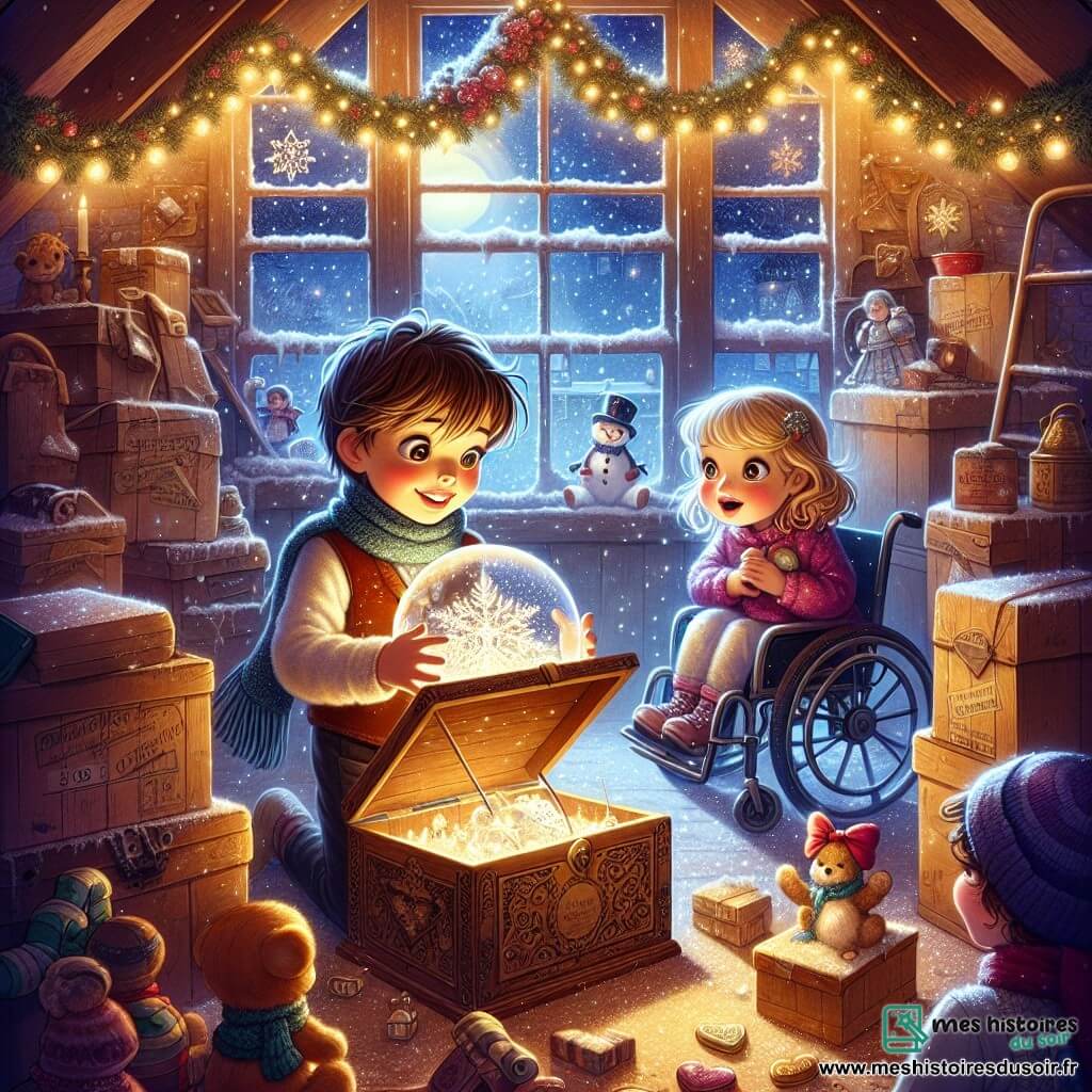 Illustration d'une scène magique dans un grenier chaleureux, rempli de cartons poussiéreux et de vieilles décorations de Noël. Une lumière douce filtre à travers une fenêtre, illuminant des flocons de neige dansants à l'extérieur. Au centre, un garçon de 12 ans aux cheveux bruns et aux yeux pétillants ouvre une boîte en bois ornée, révélant un globe de neige scintillant. À ses côtés, une fille de 10 ans avec des boucles blondes admire le globe, tandis qu'une petite fille de 6 ans en fauteuil roulant s'approche, émerveillée, tenant un chocolat en forme de cœur. La scène dégage une atmosphère de joie et de curiosité, avec des guirlandes scintillantes et des jouets anciens autour. Des flocons de neige tombent doucement à l'extérieur, ajoutant une touche féérique à cette découverte magique.
