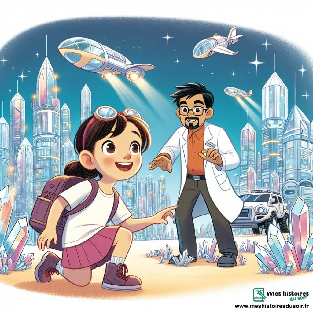 Une illustration destinée aux enfants représentant une jeune fille curieuse et aventurière, accompagnée d'un ami scientifique, explorant la Ville de Cristal, une cité futuriste scintillante faite de bâtiments brillants et de voitures volantes.