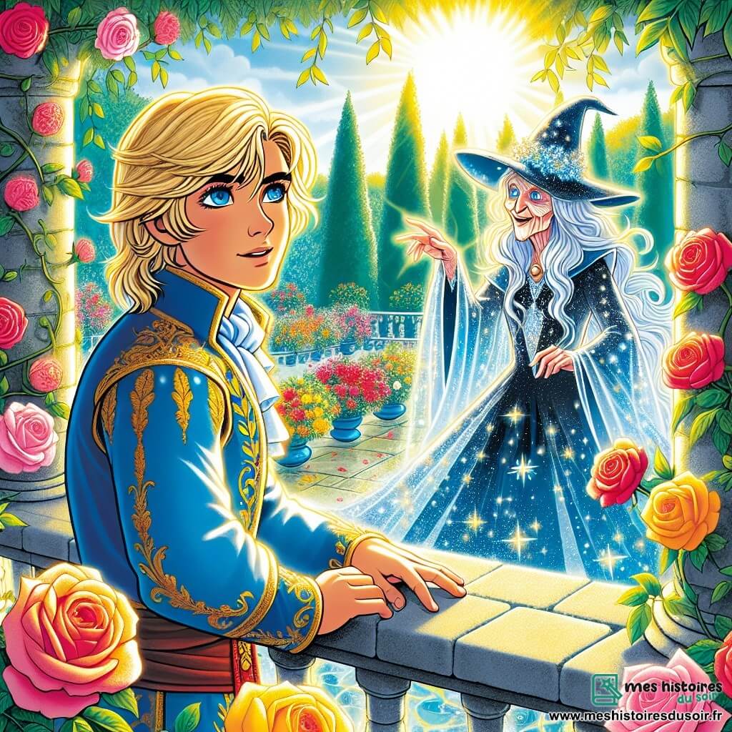 Une illustration sous forme de dessin destinée aux enfants représentant un magnifique jardin royal, rempli de roses éclatantes et de fleurs colorées, où un prince aux cheveux dorés et aux yeux bleus rêveur se tient sur un balcon en pierre de lune, observant l'horizon avec une expression déterminée, tandis qu'une vieille sorcière vêtue d'une robe tissée d'étoiles, aux yeux pétillants de sagesse, se tient à ses côtés, lui révélant un secret mystérieux sur une quête d'aventure à travers la Vallée des Ombres, avec des rayons de soleil filtrant à travers les arbres, créant une atmosphère magique et enchanteresse.