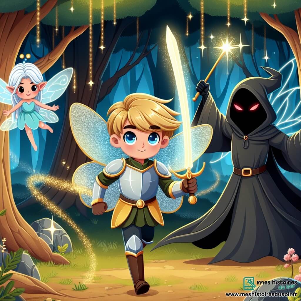 Une illustration sous forme de dessin destinée aux enfants représentant une forêt enchantée aux arbres majestueux aux feuilles scintillantes, où un jeune prince courageux aux cheveux dorés et aux yeux bleus, vêtu d'une armure brillante, brandit une épée lumineuse face à un sorcier maléfique aux longs cheveux noirs et aux yeux rouges, tandis qu'une petite fée aux ailes scintillantes et aux cheveux argentés vole à ses côtés, apportant une touche de magie et d'espoir dans cette bataille pour sauver la lumière de leur royaume.