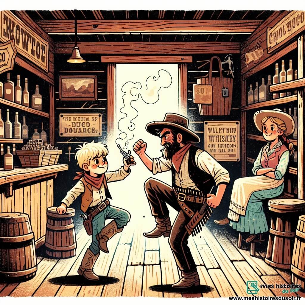 Une illustration destinée aux enfants représentant un jeune cow-boy au cœur vaillant affrontant un hors-la-loi redouté, sous le regard inquiet d'une serveuse au sourire chaleureux, dans un saloon en bois usé au cœur de l'Ouest américain, où l'odeur de whisky et de tabac mêlée à la poussière du désert flotte dans l'air.