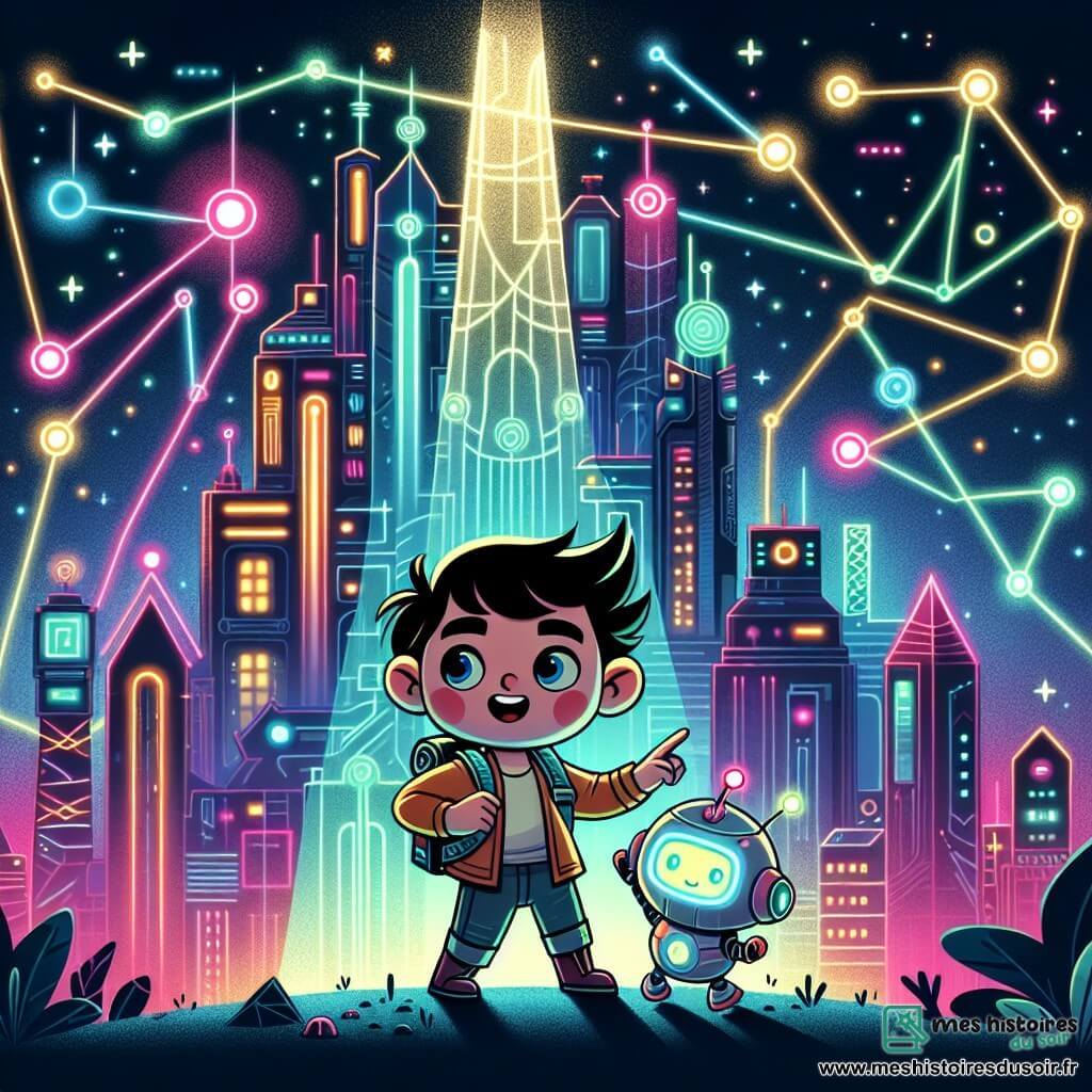 Une illustration destinée aux enfants représentant un jeune garçon intrépide, accompagné d'un robot brillant et clignotant, résolvant un problème dans la ville futuriste de Luminia, aux tours scintillantes et aux lumières colorées qui dessinent des formes dans le ciel.