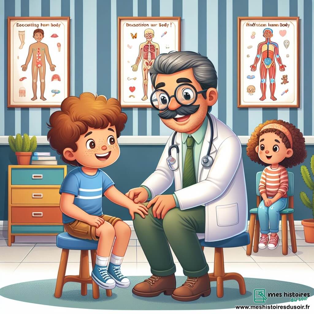 Une illustration sous forme de dessin destinée aux enfants représentant un cabinet médical coloré et accueillant, avec des murs ornés de posters éducatifs sur le corps humain, où un homme au visage souriant, portant de grandes lunettes et une moustache frisée, examine un garçon aux cheveux bruns en t-shirt bleu qui se frotte le genou, tandis qu'une petite fille aux cheveux bouclés, assise sur une chaise, observe avec curiosité et enthousiasme, le tout dans une ambiance joyeuse et rassurante, illustrant l'importance de la médecine et du soin.