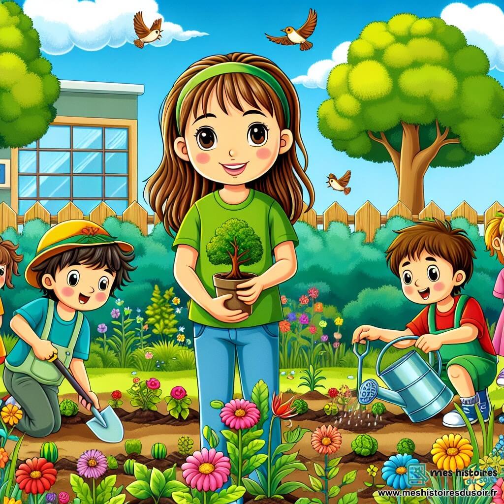 Illustration d'une scène dynamique dans un jardin scolaire animé, rempli de fleurs colorées, de légumes et de petits arbres, entouré d'une clôture en bois. Le ciel bleu avec quelques nuages blancs est agrémenté du chant joyeux des oiseaux. Au centre, une fille de 11 ans, cheveux bruns en queue de cheval, souriante et déterminée, tient une petite pelle et une plante. À ses côtés, un garçon de 11 ans aux cheveux blonds courts, en t-shirt bleu, arrose les plantes, et une autre fille de 11 ans, cheveux bouclés sous un chapeau de jardinage, dessine des affiches sur la protection de l'environnement. Les enfants collaborent avec enthousiasme, entourés d'outils de jardinage et de panneaux sur le changement climatique, symbolisant leur engagement pour la planète, tandis que des papillons volent autour d'eux, ajoutant une touche de magie à cette scène inspirante.