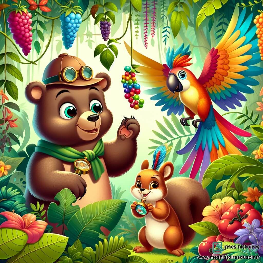 Une illustration sous forme de dessin destinée aux enfants représentant une jungle verdoyante, avec un ours au pelage brun doux, souriant et portant un chapeau de détective, en train de jongler avec des baies colorées, tandis qu'un écureuil malicieux aux yeux pétillants et un perroquet flamboyant aux plumes éclatantes l'encouragent, le tout dans une ambiance joyeuse et colorée, où des lianes et des fleurs exotiques ajoutent une touche de magie à cette scène d'amitié et d'aventure.
