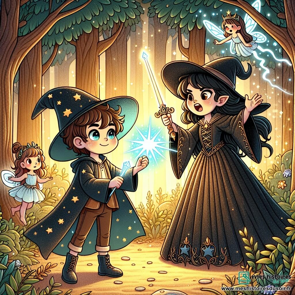 Une illustration sous forme de dessin destinée aux enfants représentant une clairière enchantée au cœur d'une forêt magique, où un jeune sorcier aux cheveux châtains et aux yeux pétillants, vêtu d'une robe de sorcier ornée d'étoiles, brandit un cristal lumineux tout en se tenant avec détermination face à une sorcière maléfique aux cheveux noirs et aux yeux perçants, qui lance des éclairs de ténèbres, tandis qu'une fée scintillante aux ailes délicates flotte à proximité, observant la scène avec une expression d'inquiétude, le tout baigné dans une lumière dorée et magique qui souligne l'intensité de leur affrontement.